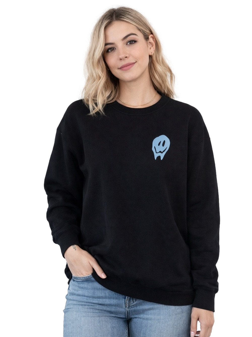 shein Black cowl neck Sweater with Blue Graphic